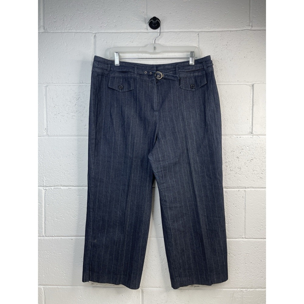 Larry Levine Womens Navy Blue Stretch Pinstriped Capri Pants Career Wear Size 16
